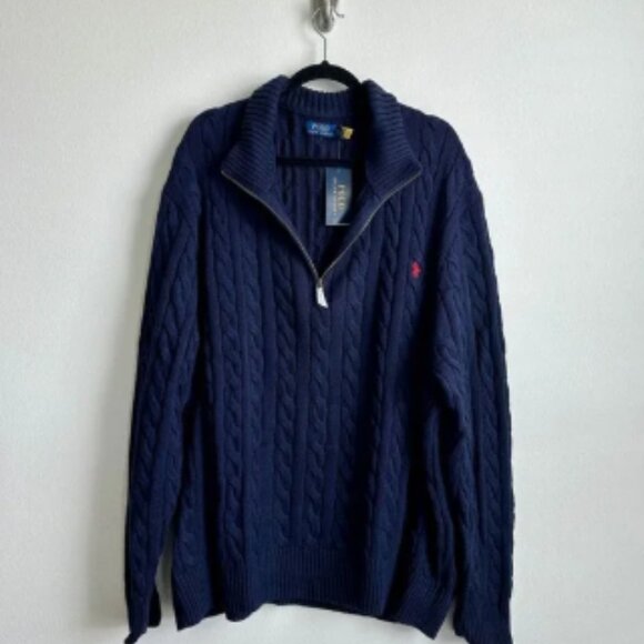 Polo Ralph Lauren Sweater Mens 4XL Navy Blue Cable Knit Half Zip Pullover NWT - Picture 1 of 10